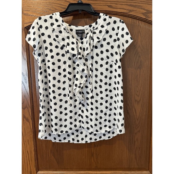 Women's Liz Claiborne Career white and black polka dot blouse short sleeve - Picture 1 of 3